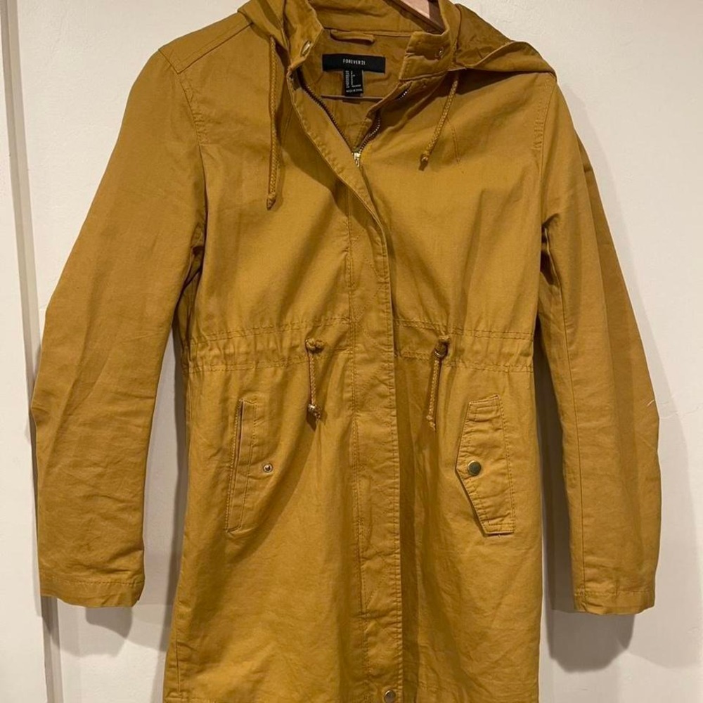 Forever 21 Women's S Utility Jacket Mustard Yellow Hooded Anorak Parka Cotton‎ - Picture 2 of 7